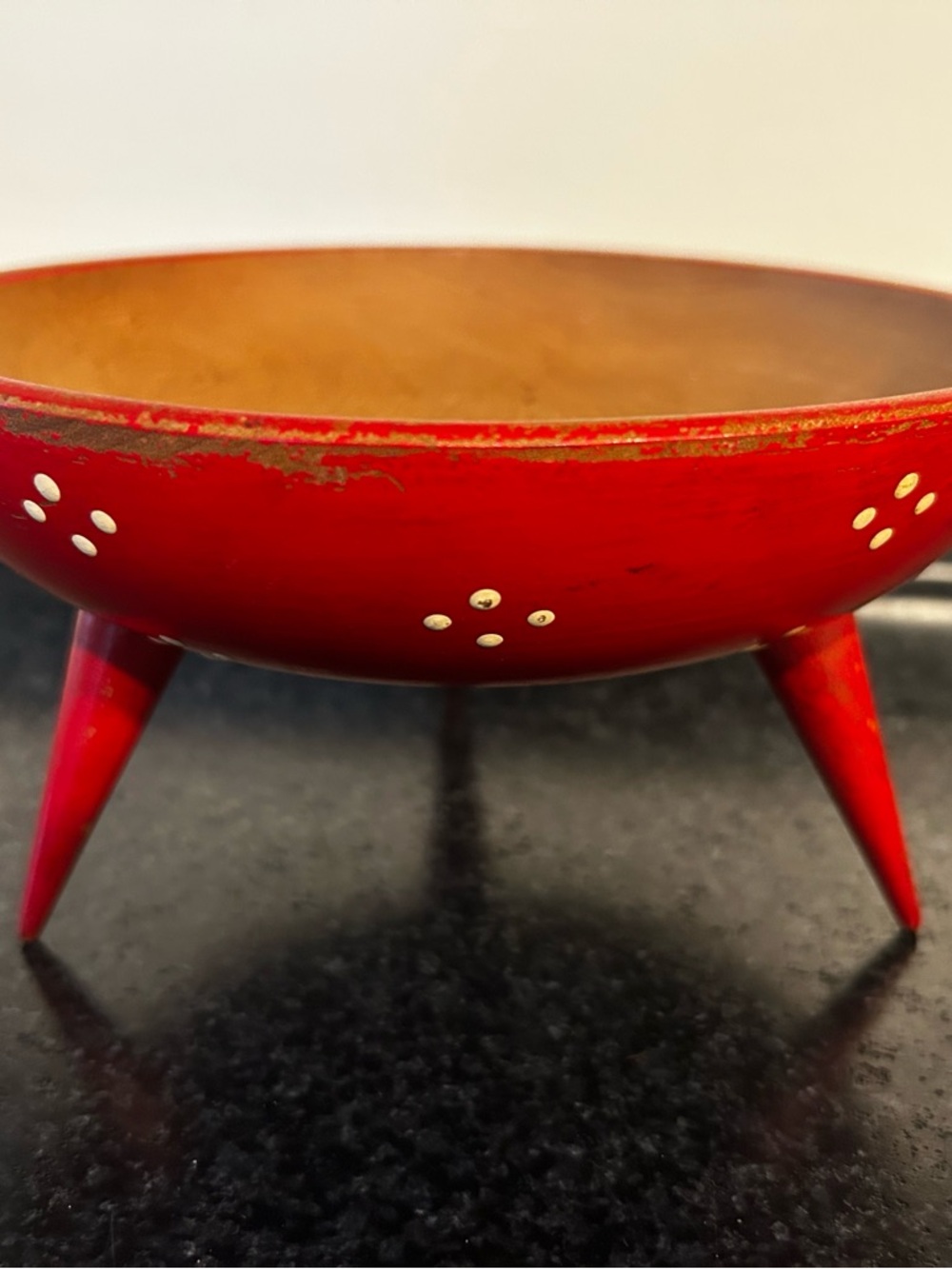 Mid-Century Modern 50's -3 Legged Red Trinket Bowl Dish -Woodpecker Wood Ware